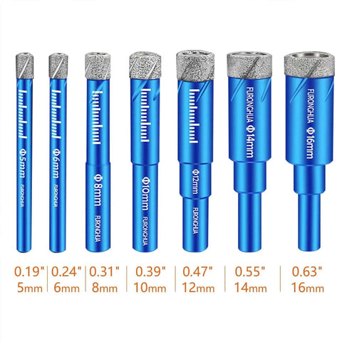 5 Piece Pro Grade Dry Diamond Core Drill Bits Set with varying diameters, ideal for ceramic and hard materials, front view.