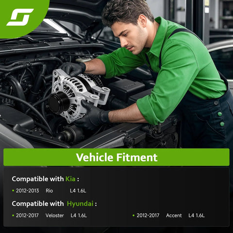 Mechanic installing Beefed-Up Alternator Replacement For Hyundai Accent 2012-2017 Veloster 2012-2017 And Kia Rio 2012-2013 1.6L L4