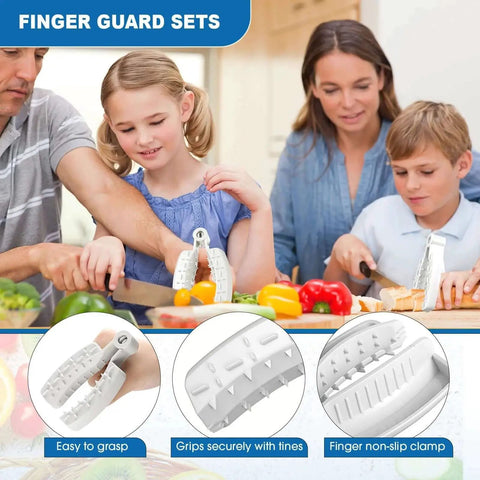 Family using 10 Piece Finger Guard Set For Cutting Kitchen Protection with Stainless Steel Finger Protectors.