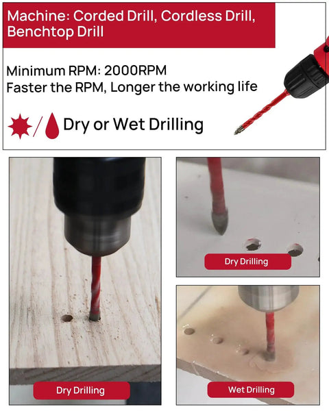 Various drills demonstrating Beefy Serrated Masonry Drill Bit Set in action, featuring dry and wet drilling on different materials.