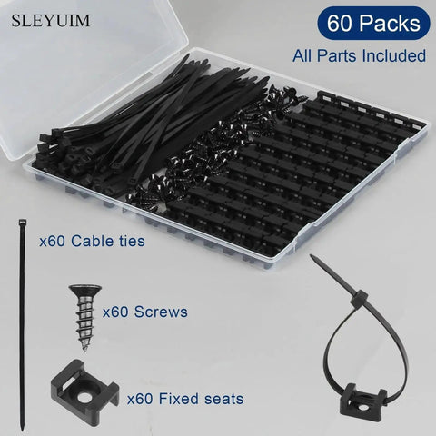 Heavy Duty Cable Zip Tie Mounts Kit With 60 Packs Of 8 Inch Nylon Ties, 5M Screws, And Wall Desk Fasteners in open box