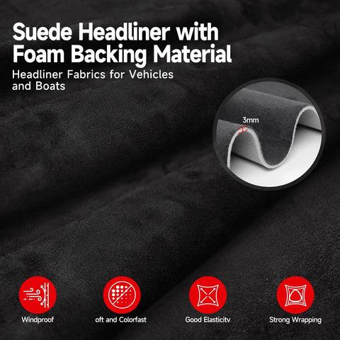Suede Auto Headliner Fabric 120 By 60 Inches With Foam Backing Black Interior showing layered material and features icons
