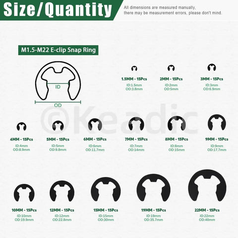 211 Piece E Clip Assortment Kit With 14 Sizes External Retaining Rings Alloy Steel Snap Ring Set Size Chart