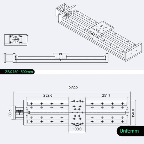 Technical drawing of ZBX150 500mm Stroke CNC Linear Stage Motion Actuator X Y Z Axis Cross Sliding Table with dimensions in mm