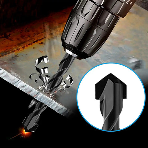 Close-up of Five Piece Three Eighths Inch Masonry Drill Bit Set For Concrete Tiles Stone With Carbide Tips And Hex Shank 10mm Diameter at work