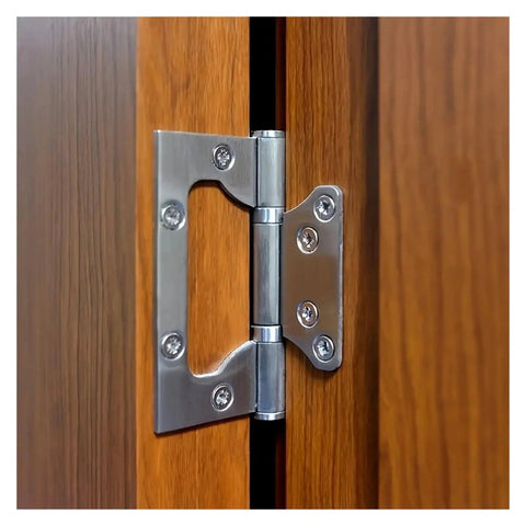 Close-up of installed 4 Pack Heavy Duty Silent Thickened Door Hinges for general doors, showing sleek steel design on wooden door.