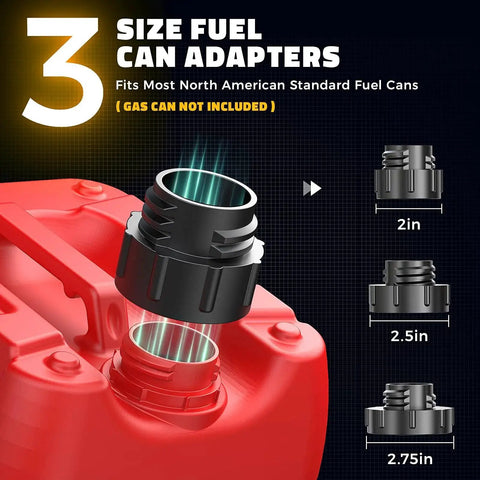 Three size fuel can adapters for Cordless Fuel Transfer Pump With Auto Stop For No Mess Fueling Three Point Two GPM Flow