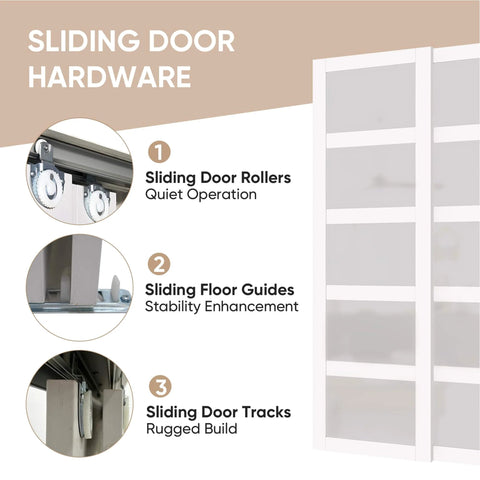 72 Inch Sliding Closet Door Kit With 5 Lite Frosted Glass Panels In White MDF Includes Hardware Track And Floor Guide Pre Drilled For Easy Assembly Space Saving Double Sliding Doors For Modern Bedroom Closet, hardware view with rollers, guides, and tracks.