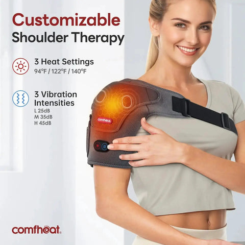 Cordless Shoulder Heating Pad With Vibration Massage, 5000mAh Battery in use, showing heat and vibration settings, worn by a woman