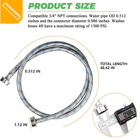 4ft stainless steel braided washing machine hose, burst-proof, silver with blue accents, 3/4 inch NPT hot and cold connectors, 2-pack