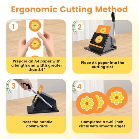 All In One Circle Cutter And Button Paper Cutter for DIY Badges showing ergonomic cutting method with 2.39 inch circle punch.