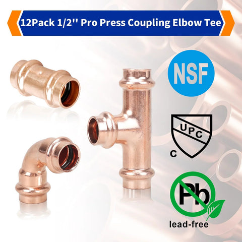 Znkiok 12-pack 1/2 in copper press fittings set: 4 couplings with stop, 4 elbows, 4 tees; NSF UPC lead-free.
