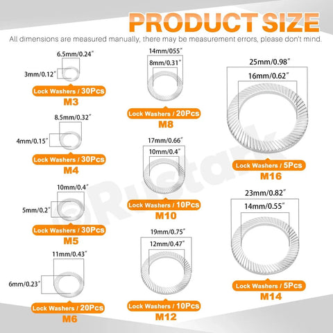 Rustark 160Pcs set of 304 stainless steel double-sided lock washers in 9 sizes (M3-M16), silver finish.