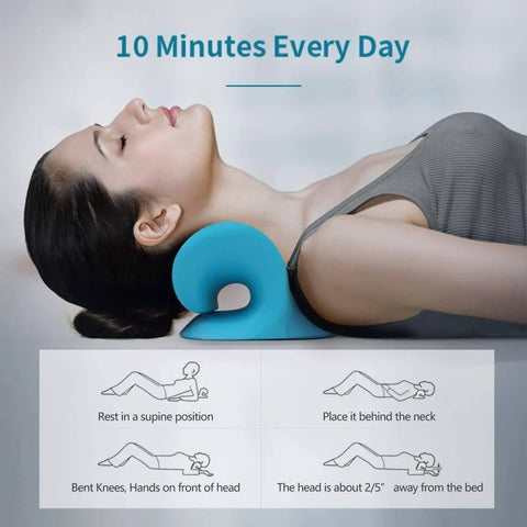 Woman using Neck And Shoulder Relaxer Cervical Traction Device For TMJ Pain Relief And Cervical Spine Alignment, blue ergonomic support.