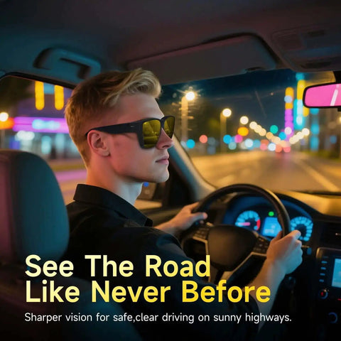 Overnight Driving Glasses For Men And Women With Matte Black Frame, Polarized Yellow Lenses For HD Night Vision, worn by driver