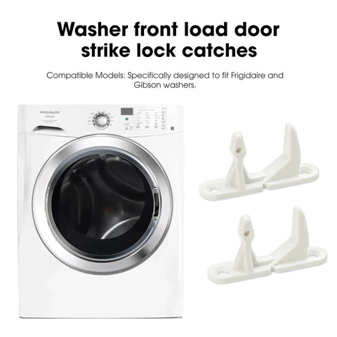 Washer door striker locks, two white plastic replacements for Frigidaire Affinity front-load washers.
