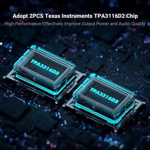 Two TPA3116D2 microchips used in BT30D Bluetooth 5.0 2.1 Channel Stereo Receiver Amplifier. Electronics background.