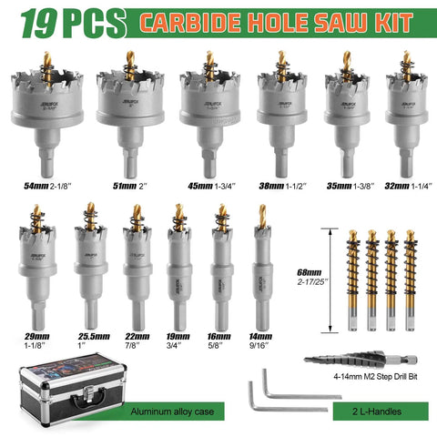 Carbide Hole Saw Kit For Metal 17 Piece Set 9/16 To 2 1/8 Inches with case, step drill bit, and L-handles displayed