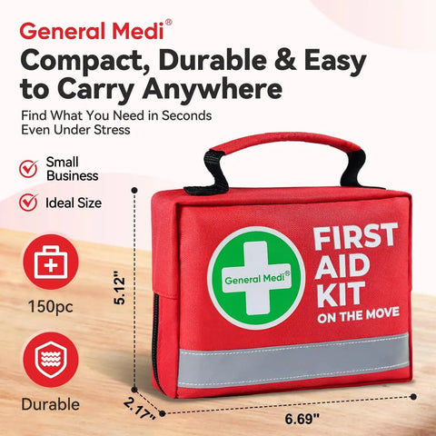 Front view of red Go-To 150-Piece Compact First Aid Kit with label on table, showing size and features for travel, home, office, and car.