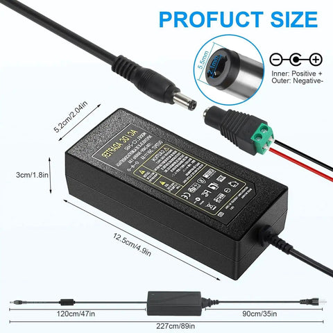 24V DC Power Supply 6A 120W Universal AC to DC Adapter 100V to 240V with 5.5x2.1mm jack, LED terminal connector, 1.2m cable.