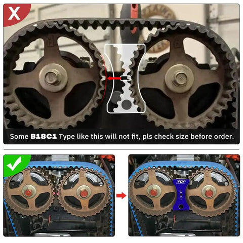 PQY blue cam gear lock timing belt installation tool for Honda/Acura B16/B18C1/B18C5; front view with two gears