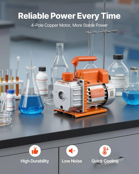 VEVOR 3-Gallon vacuum chamber with pump kit, stainless steel body orange frame on lab bench