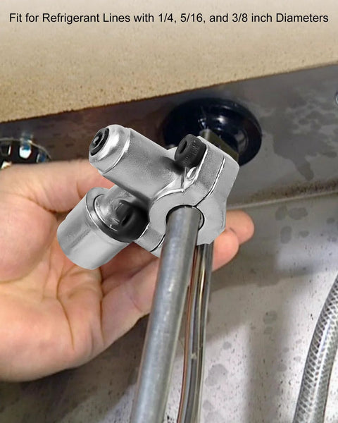 BPV-31 bullet piercing refrigerator line tap valve, metal body with dual ports for 1/4, 5/16, and 3/8 in pipes
