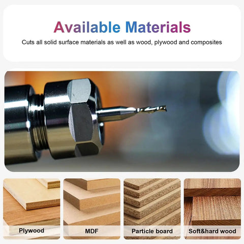 Close-up of Down Cut Spiral Router Bit Set For Wood Milling Pro Grade, Five Pack, Quarter Inch Shank, One Eighth Inch Cutting Diameter, Carbide CNC Bits For Precise Grooves, Dados, Mortises, And Slots cutting wood materials like MDF and plywood.