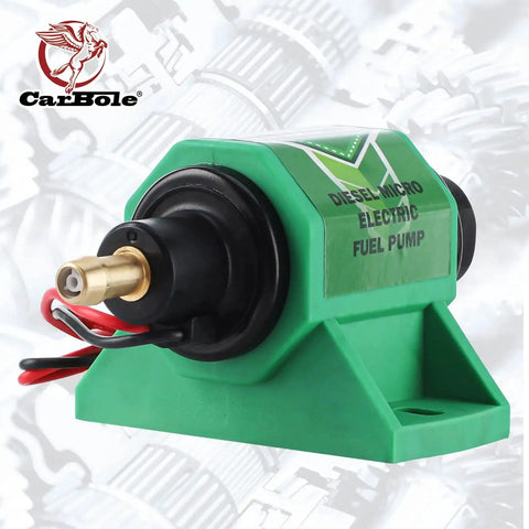 Universal 12V Diesel Fuel Pump 5-9 PSI, 35 GPH, 12D Super Model with green housing and brass inlet, electrical wires visible