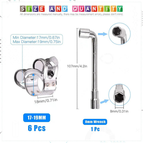 Heavy Duty 6 Pack 17-19mm T Bolt Hose Clamps Made From 304 Stainless Steel With Ear Clamp Design, Adjustable, Includes Wrench