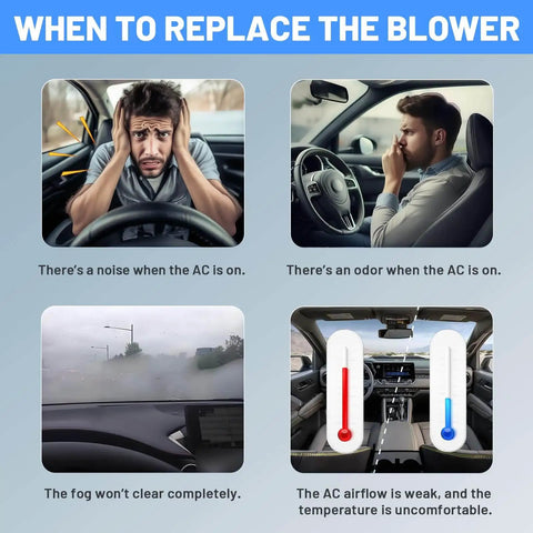 Infographic showing signs to replace blower motor: noise, odor, persistent fogging, weak airflow in vehicle's AC system.