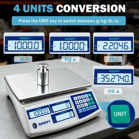 Counting Scale For Inventory And Small Parts With 30kg Capacity And 0.1g Precision, Digital Scale With Battery, Quick Unit Conversions Between G, Kg, Oz, Lb, Triple Display Showing Weight, Unit Weight, And Quantity, Great For Coins, Tickets, Pieces showing unit conversion display and key