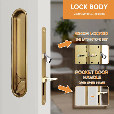 Pocket Door Lock Hardware Set With Privacy Handle, Hidden Pull And Recessed Latch, Easy Install For 1.77 To 2 Inch Thick Wooden Doors, Circular Gold Finish