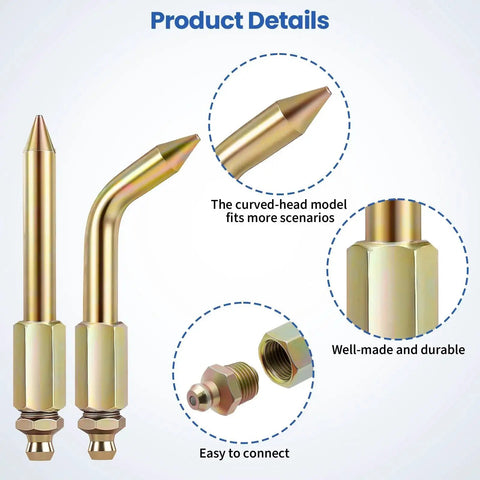 7 Piece Grease Gun Needle Tips Accessories Kit Set With Straight And Curved Nozzles Rubber Joint Detachable Injector Coupler Elbow Fittings 2 Heavy Duty Dispensers Great For Narrow Tight Small Confined Spaces, showing two nozzle tips, including straight and curved.