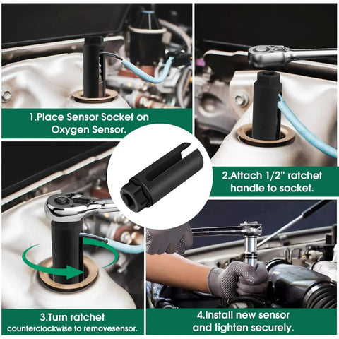 Four-step usage of Oxygen Sensor Socket 22mm Seven Eighths Inch Hex With One Half Inch Drive, Heavy Duty O2 Sensor Removal Tool With Side Wire Cutout on vehicle engine