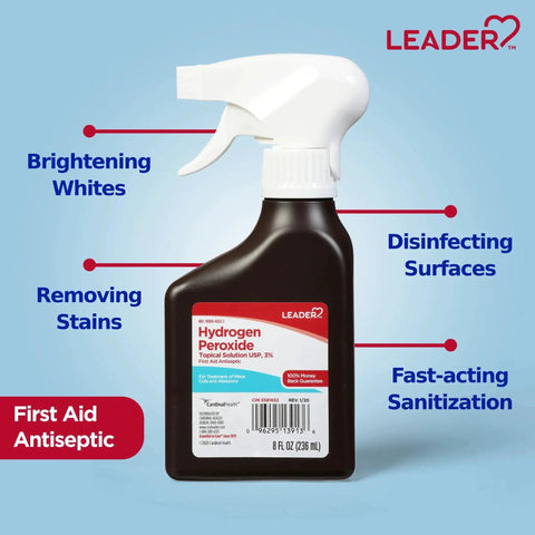 Hydrogen Peroxide First Aid Spray 3 Percent Solution For Home Disinfection And Minor Wound Care From Leader Easy To Use Non Aerosol 8 Oz Bottle Multi Purpose Cleaner And Gentle Yet Effective Antiseptic Spray For Cuts And Scrapes