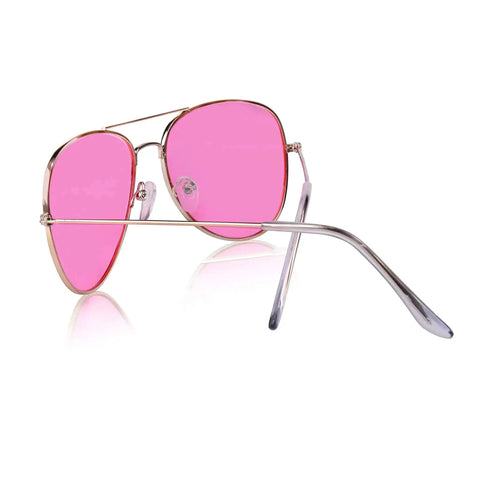 Women Aviator Sunglasses With Gold Red Tint Lenses Durable Metal Wire Frame Police Inspired Style Cool Fashion Accessory For Women Baddie Vibe Halloween Costume Ready displayed in side view.