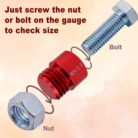 Close-up of a gauge with a bolt and nut demonstrating use from the 44 Piece Nut And Bolt Thread Checker Kit With 21 Metric And 23 Inch Gauges For Tight Spots, Thread Gauge Tool For Inspecting Bolts And Threaded Holes, Foam Storage Case.