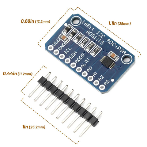 Four Channel ADS1115 16 Bit Analog To Digital Converter With I2C Interface And Programmable Gain Amplifier board with pin header