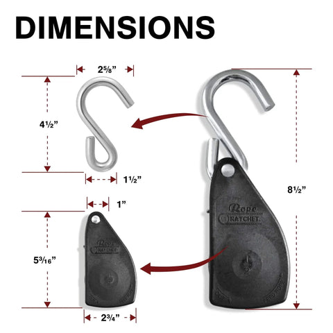 Dimensions of Heavy Duty Rope Ratchet 1/2 Inch With Locking Pulley Adjustable Hanger for grow lights and camping