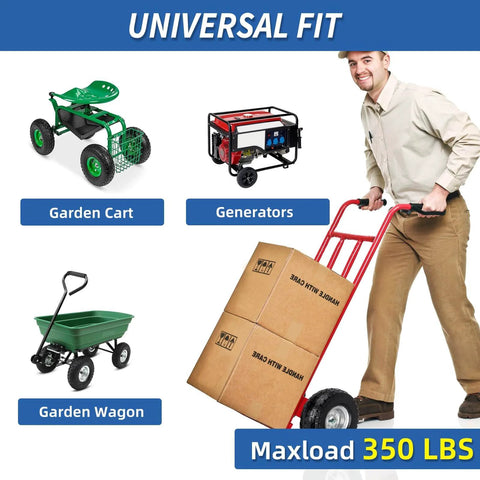 Flat Free Solid Tire And Wheel Set For Hand Trucks And Garden Carts, 10 Inch Diameter, 350 Pound Load Capacity shown with various carts