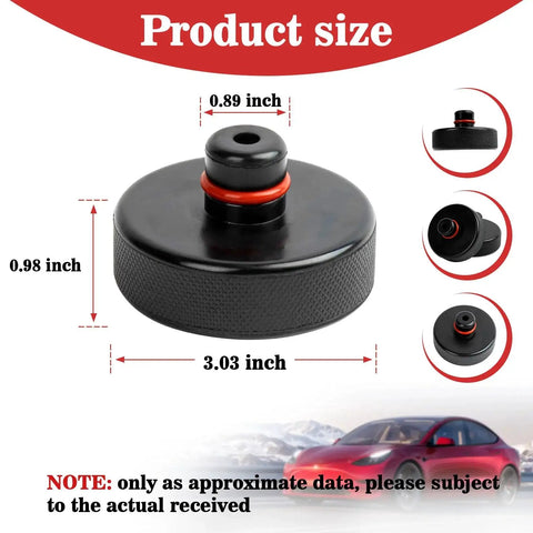 Jack Pad For Tesla Models 3 Y X S 2016 2025 Lifting Pucks Rubber 4 Pack showing dimensions and red car illustration