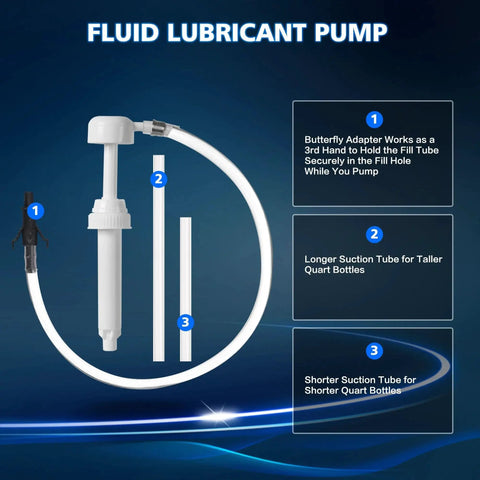 Quart Fluid Pump With 10cc Stroke And Third Hand Adapter For Transmission Fluids, shown with suction tubes and butterfly adapter.