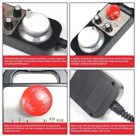 Front and back view of 6 Axis CNC Handwheel MPG Pendant with Emergency Stop and Manual Pulse Generator for Siemens and Mitsubishi CNC.