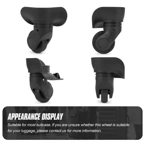 Durable 360 Swivel Luggage Wheel Replacement for Suitcases, silent rubber and PVC construction, four views, fits LX01 Black Volein.