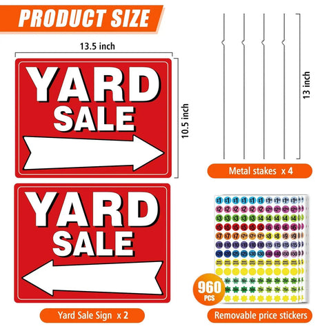 Two Pack Yard Sale Sign Kit With Four Metal Stakes And 960 Removable Price Stickers Make Offer Tags Double Sided All Weather Fluorescent Yard Signs For Garage Sale Outdoor Estate showing dimensions and components.