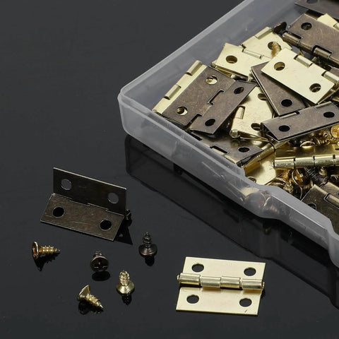 60 Sets Mini Hinges With Screws Kit For DIY Projects 0.6 Inch 270 Degree Folding Iron Hinges In Gold And Bronze Includes 120 Gold And 120 Bronze Screws, Screwdriver And Clear Storage Box For Jewelry Boxes Wood Boxes Drawers Gates.