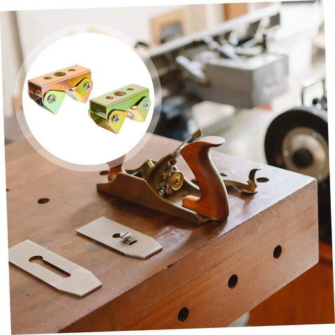Woodworking bench with plane tool and image of metal brackets inset in circle, highlighting both woodworking and fixturing tools.