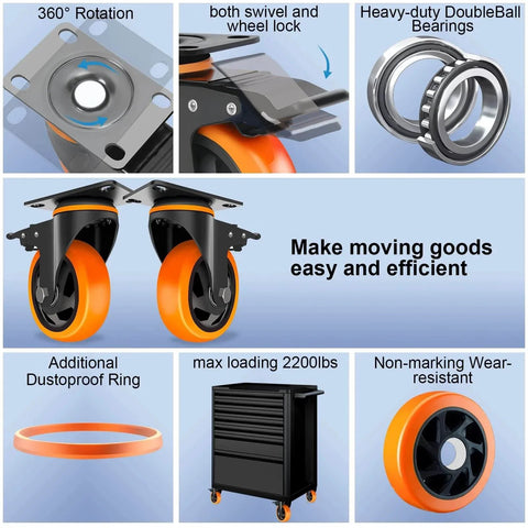 Features of Heavy Duty 4 Inch Swivel Caster Wheels Set Of 4 With Dual Locking For Furniture And Workbenches 2200 Lb Capacity