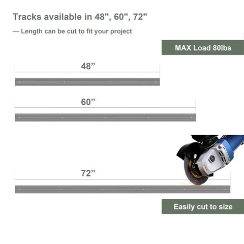 Three sizes of Bottom Track For Bypass Mirror Closet Doors In Gray Metal, lengths 48, 60, and 72 inches, shown with cutting tool.